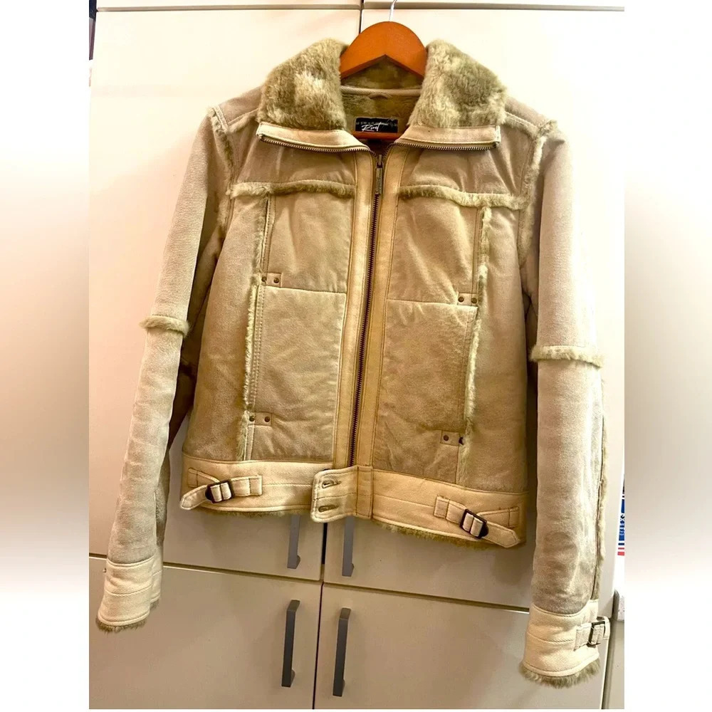 Beige black Rivet Womens Suede Leather Aviator Design Jacket/ Coat Faux Fur S